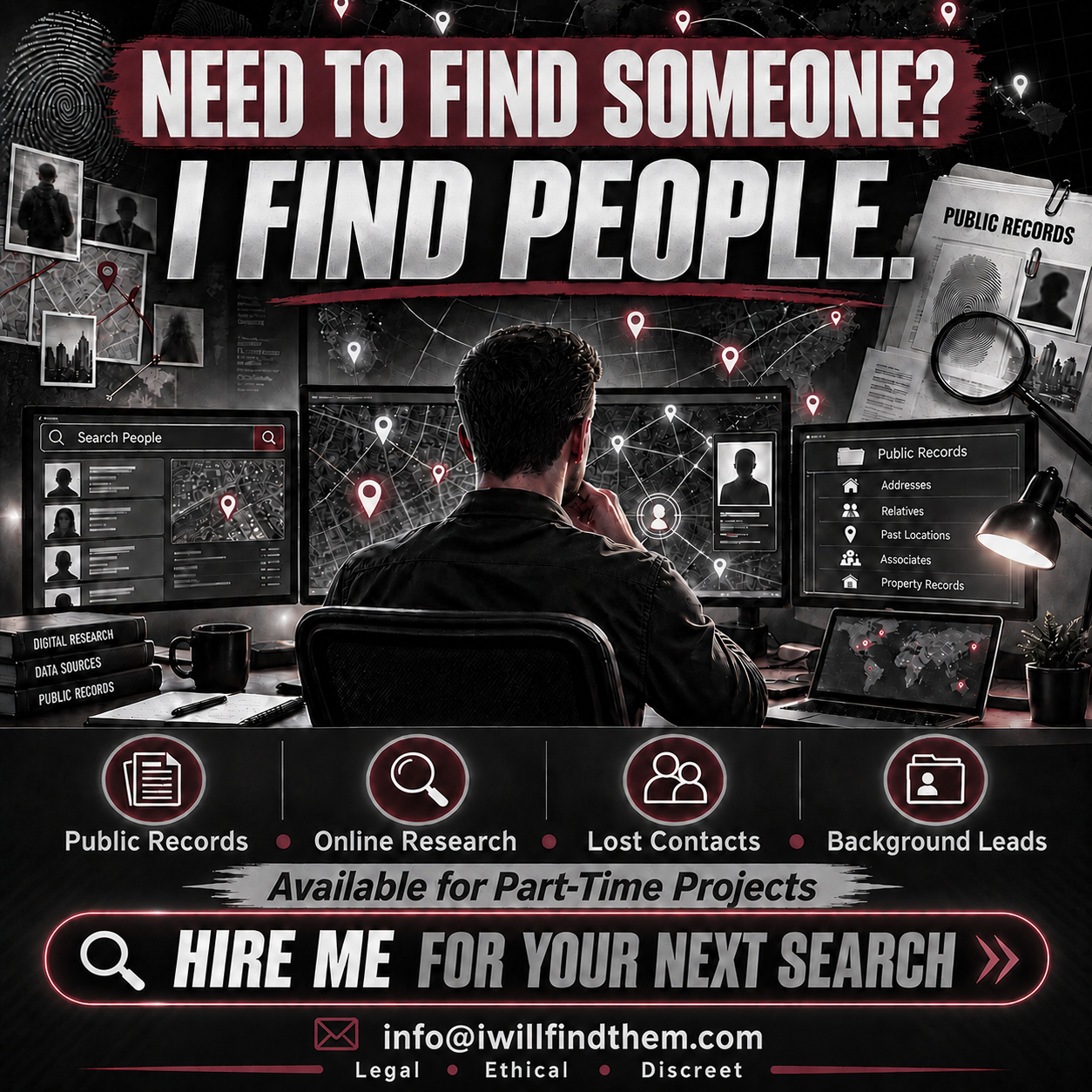 I Find People. Public records, online research, lost contacts, and background leads. Available for part-time projects.